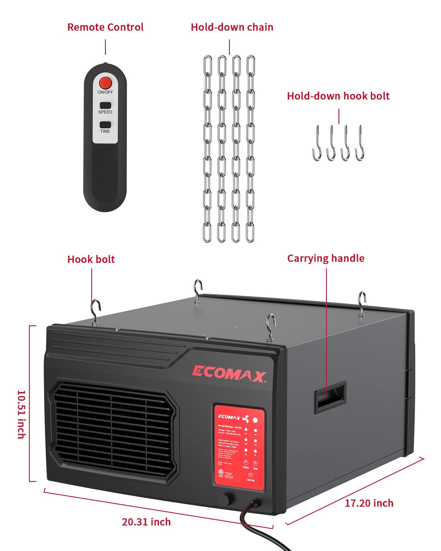 MCF03 Air Filtration System Woodworking, 3-Speed Hanging Ceiling Shop Air Filtration System for Woodworking for Shop Garage (300/350/400 CFM)