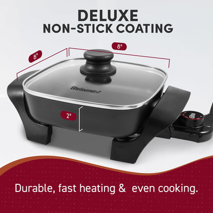 Elite Gourmet EG808 8” x 8" Non-stick Electric Skillet, Dishwasher Safe with Tempered Glass Vented Lid, Rapid Heat Up, 600W, Black
