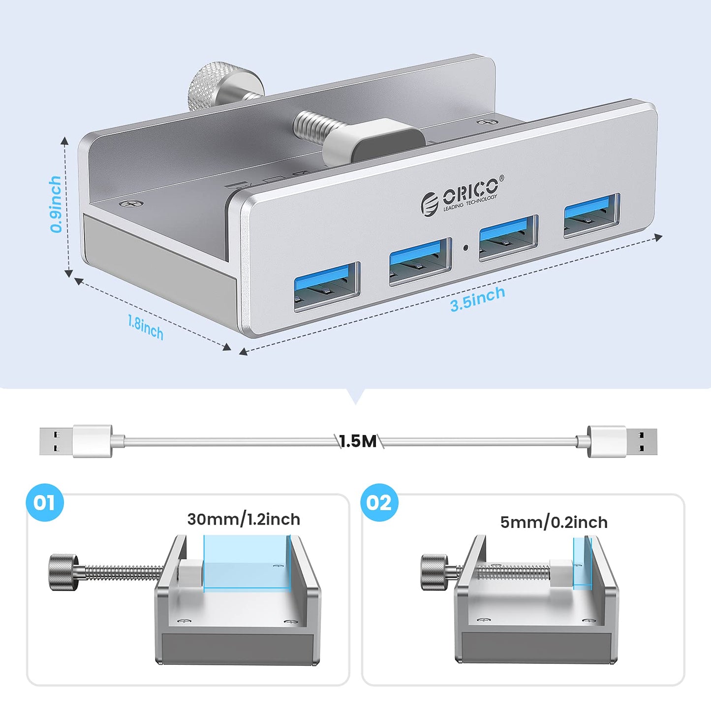ORICO USB 3.0 Hub, USB Hub Clamp, Aluminum 4-Port USB Splitter with Extra Power Supply Port and 4.92 FT USB Data Cable, Desktop Powered USB Hub for Monitors/Desks-Black (Without Power Adapter)