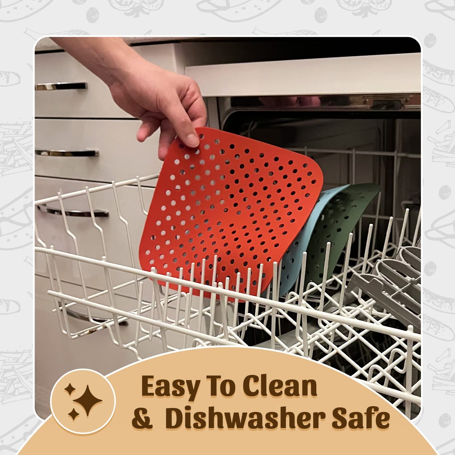 Reusable Square Silicone Air Fryer Liners (8.5 Inch, 3 Pack) by Linda’s Essentials - Non-Stick, Easy-Clean Accessories with Cheat Sheet & Recipe Book, Perfect for Quick Meals