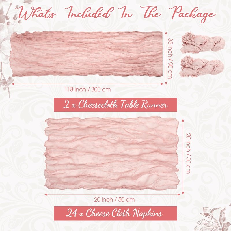 Windkream 2 Cheesecloth Table Runners and 24 Napkins Set, 10Ft Boho Cheese Cloth Table Runners 20 x 20 Inch Rustic Wrinkled Gauze Napkins for Wedding Birthday Baby Shower Party Decor (Dusty Pink)
