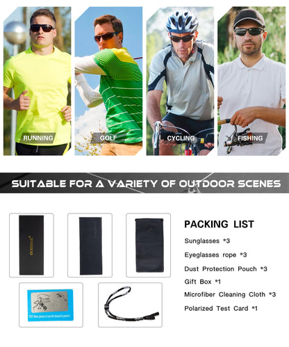 OUKEMAX Polarized Sunglasses Men Sports-Sunglasses: Wrap Around Sun Glasses for Running Cycling Golf UV Protection 3 Pack