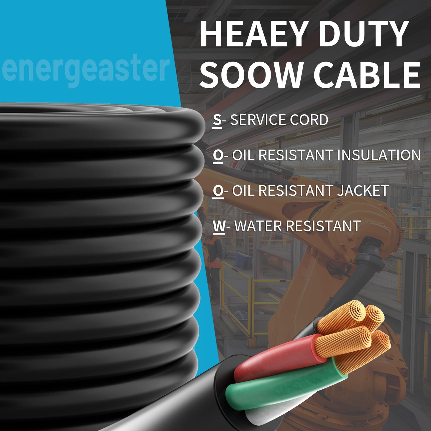 50FT 10/4 SOOW Portable Power Cable-10 Gauge 4 Conductor-10AWG 600V 30A Bulk Cable Water & Oil Resistant Electric Wire for Welder,Generator,Motor Lead,Circuits,EV Car Charger,Heat Pump,Light(ETL)