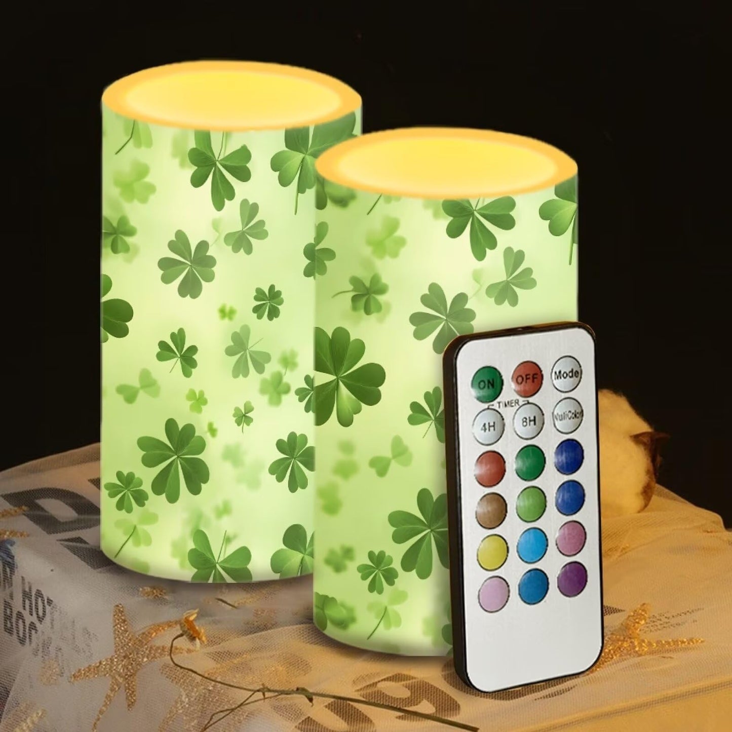 Luarisgur Green Leaves Candles Battery Operated Flameless Candles with Remote Fall Decorations LED Fake Candles for Home Bedroom St Patricks Day Table Decor 3 inch Set of 2