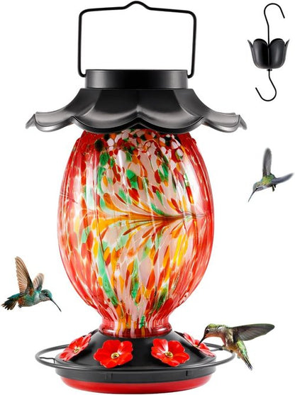 HouseSapp Solar Hummingbird Feeder - 49 Fl. Oz Color Changing Hand Blown Glass - 7 Feeding Ports & Perch