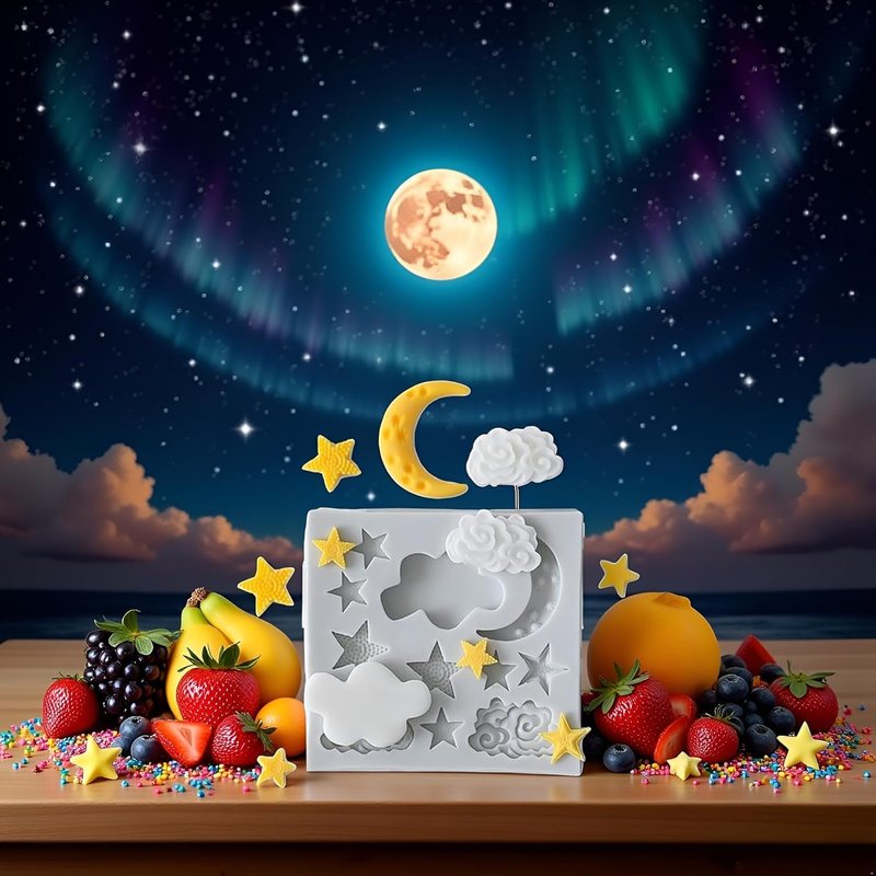 3Pcs White Star Moon Clouds Shaped Silicone Fondant Molds, Candy Chocolate Molds for DIY Cake Fondant Cookie Cloud Fondant Mold Moon For Candy Baking Sugar Cakes Decorating Candy Making Supplies