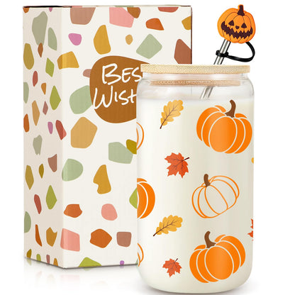 Frerdui Halloween Pumpkin Coffee Cup - 16 Oz Pumpkins Fall Mug, Iced Coffee Glass Tumbler Glass Cups W/Lids Straws, Cute Halloween Fall Gifts for Women Teens Girl