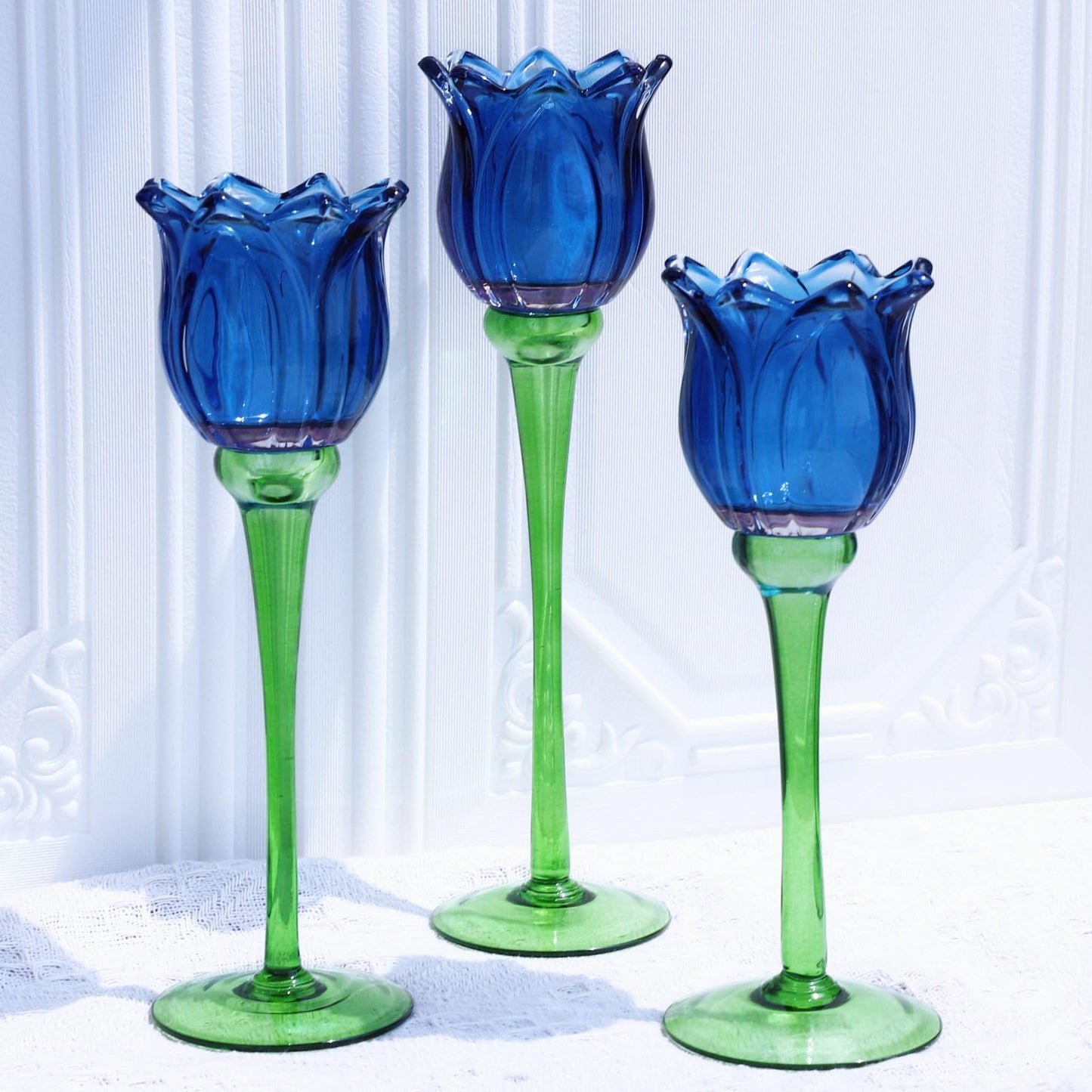 VOHO Blue Flower Tealight Candle Holder Set of 3 with Different Heights, Lovely Tulips Tea Light Candle Holder Glass Table Centerpieces for Dining Room Bookcase, Blue Votive Candle Holders Home Decor