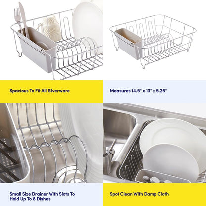 Dish Drying Rack & Cutlery Holder 2 Piece Set - Compact Sink-Fitting Dish Drainer with Rubberized Undercoating, Space-Saving Kitchen Organizer for Plates, Cups, Bowls & Utensils in Sink, Silver