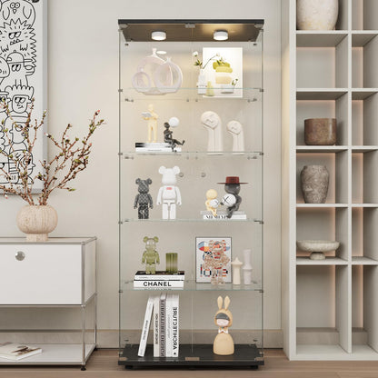 Beauty4U Glass Display Cabinet with Lights, 5 Shelves with 2 Doors, Curio Cabinets for Living Room, Bedroom, Office, Black Floor Standing Glass Bookshelf, Quick Installation