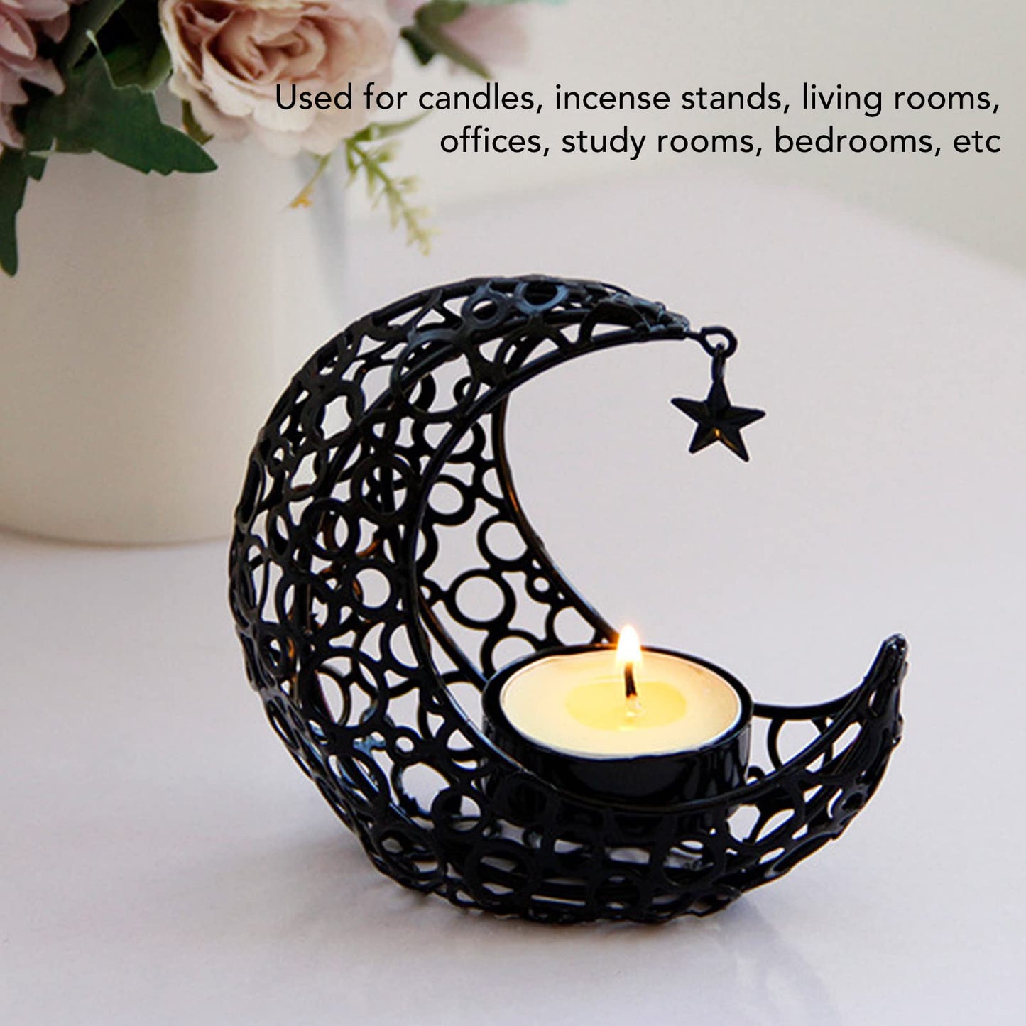 BSTiltion Moon Candlestick Holder Iron Hollowed Candle Holder with Elegant Design for Home Decor Wedding Christmas Decoration (Black)