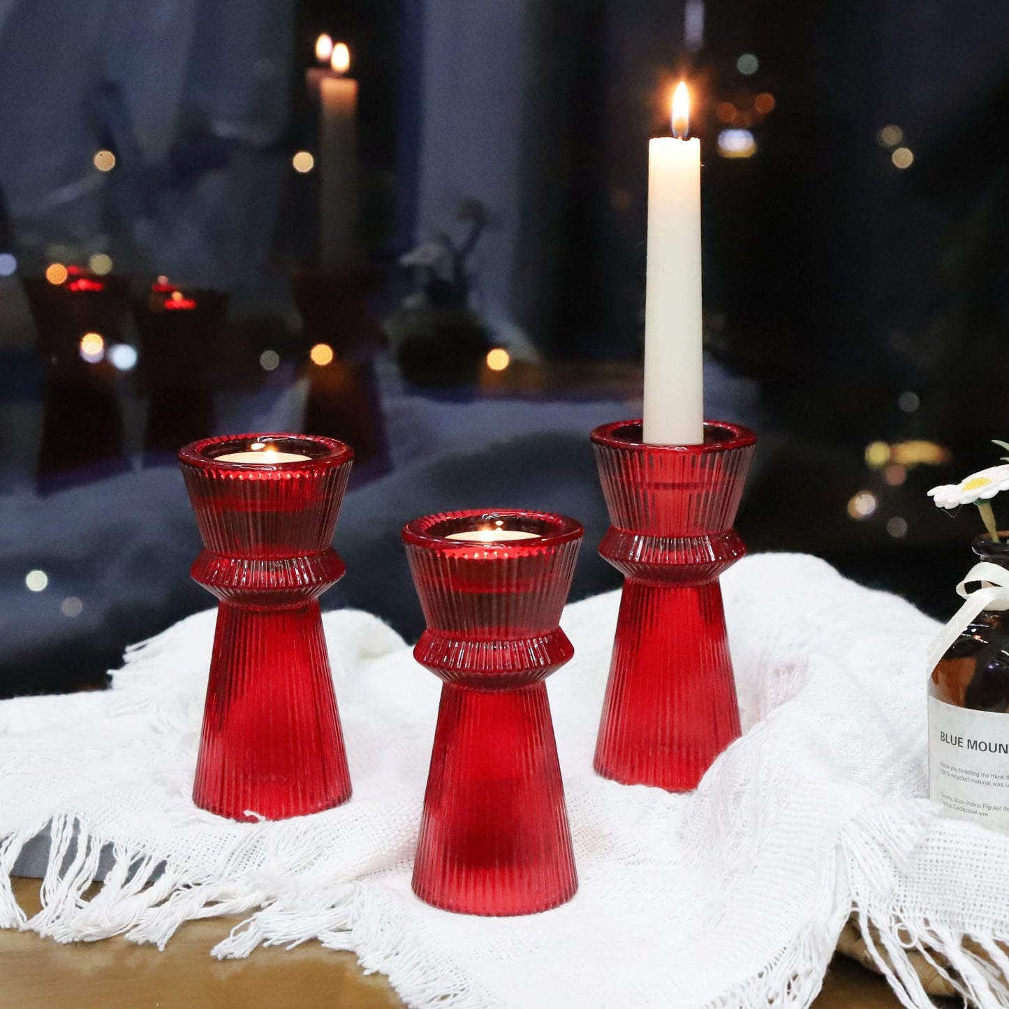 VOHO Red Candlesticks Holders for Christmas Decorations, Set of 3 Ribbed Glass Candle Holder Versatile for Taper & Tea Lights Candles, Romantic Red Taper Candle Holders for Valentines Day Anniversary