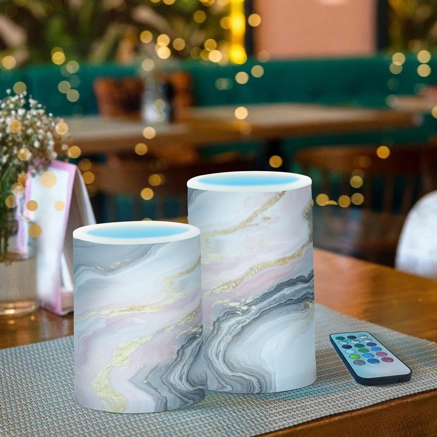 Kigai Abstract Marble Flameless Candles Battery Operated Flickering LED Candles with Remote & Timer 2PCS Outdoor Waterproof Pillar Light for Party Wedding Home Decor