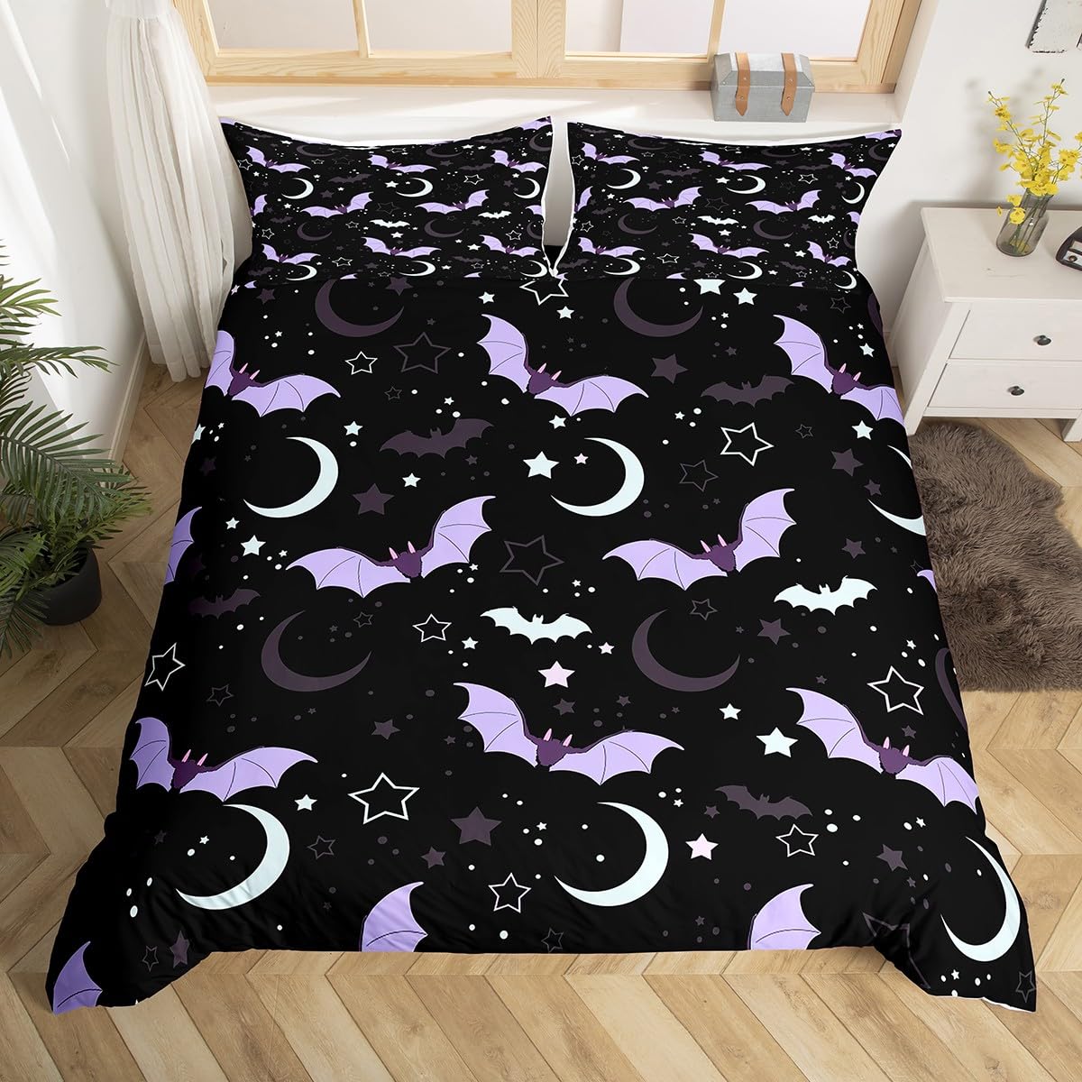 Halloween Bat Duvet Cover Set King Size Cute Moon Starry Night Sky Bedding Set 3Pcs Purple Black White Comforter Cover for Kids Girls Boys Room Decor Kawaii Cartoon Animal Quilt Cover,2 Pillowcases