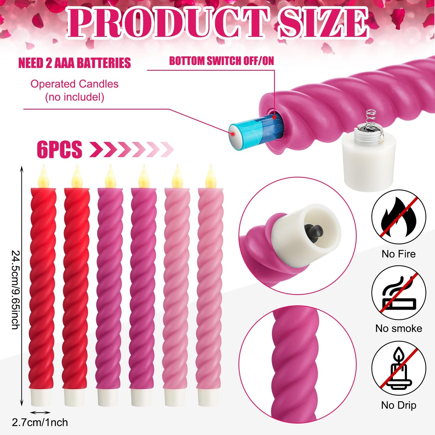Baquler 6 Pcs Flameless Taper Candle Pink and Red Twisted LED 9.65 Inch Taper Candles Battery Operated Twisted Candlestick for Spring Birthday Home Party Dinner Table Decor