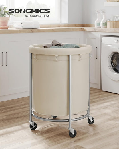 SONGMICS Laundry Basket - 50.2-Gallon Rolling Hamper Cart with Steel Frame & Removable Bag - Cream White & Metallic Silver