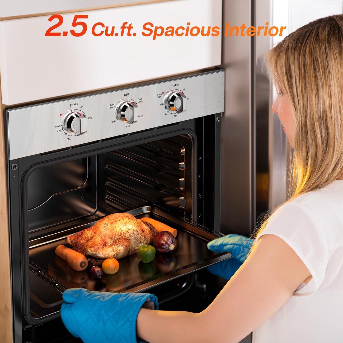 Empava 24 inch Electric Single Wall Oven, 2.5 Cu.ft.. Stainless Steel Built in Wall Oven with Basic Broil Bake Functions, Mechanical Knobs Control, 24WOE40L