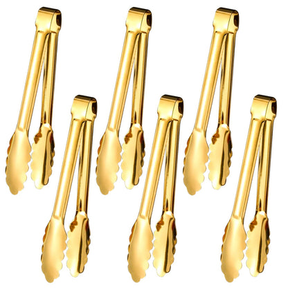 6pcs Stainless Steel Serving Tongs Gold or Silver Plated 9inch Heavy Duty Durable BBQ Clamps Design for Weddings Parties Banquets Buffets Family Gatherings Kitchen Cooking Serving Clip