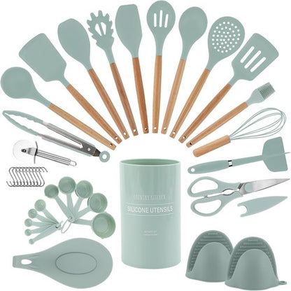 Country Kitchen Non-Stick Silicone Utensil Set - 38 Piece Cooking & Baking Tools in Mint