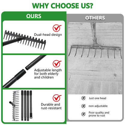 TAILERNRUYE 63 inch Bow Rake, 2-in-1 Metal Garden Lawn Rake for Weeding Digger Loosening Soil Raking Leaf Leveling Rocks Spreading Mulch Gravel 17 Tines Adjustable Garden Rake