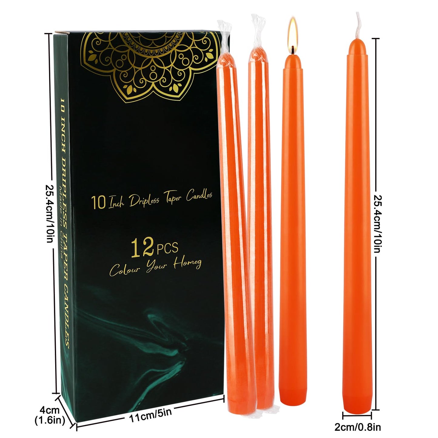12-Pack 10-Inch Orange Taper Candles - Cotton Core, Clean Burning unscented, Drip-Free & Smokeless, Elegant Conical Design for Halloween, Weddings & Family Celebrations