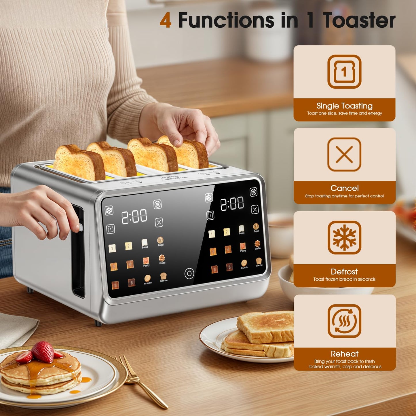 4-Slice Smart Toaster, 1800W Digital Touchscreen with Dual-Zone Control, 1.5" Extra-Wide Slots for Bagels & Thick Bread, 6 Browning Levels & 6 Presets, Single-Slot Energy Saving, Defrost/Reheat