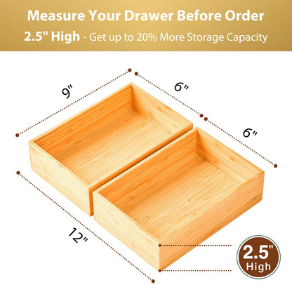 Umilife Bamboo Kitchen Drawer Organizer, Extra High Silverware Tray, Flatware Cutlery Storage Box, Multi-Use Holder in Office, Bathroom, Pantry - 9"x6"x2.5" (Set of 2)
