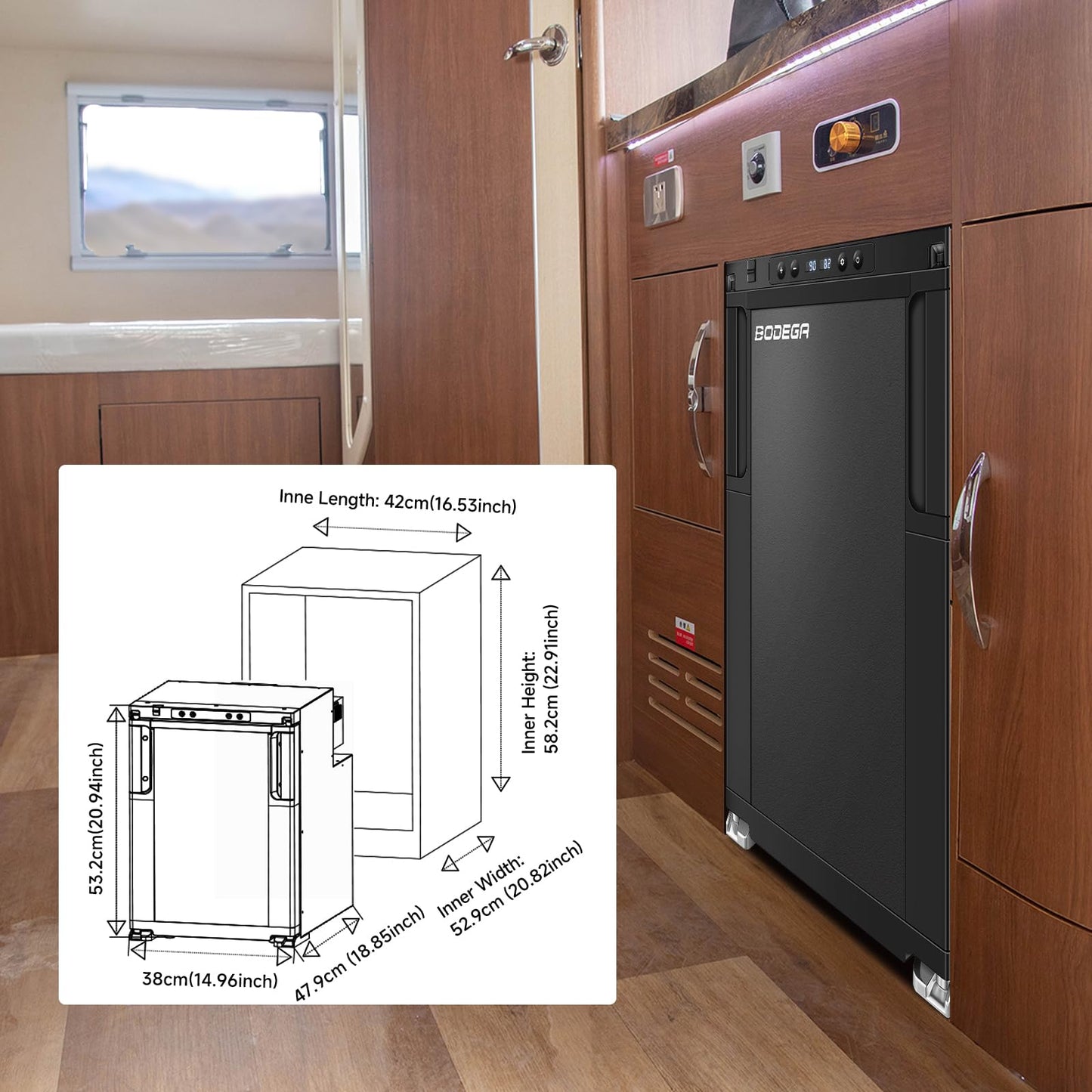 BODEGA [Upgraded 12 Volt Refrigerator, RV Refrigerator APP Control, 45L(1.6cu.ft) RV Fridge and Freezer, Electric Cooler with Lock, (-4℉-46℉) Fridge freezer 12/24V DC for Truck, RV, Camping, Travel
