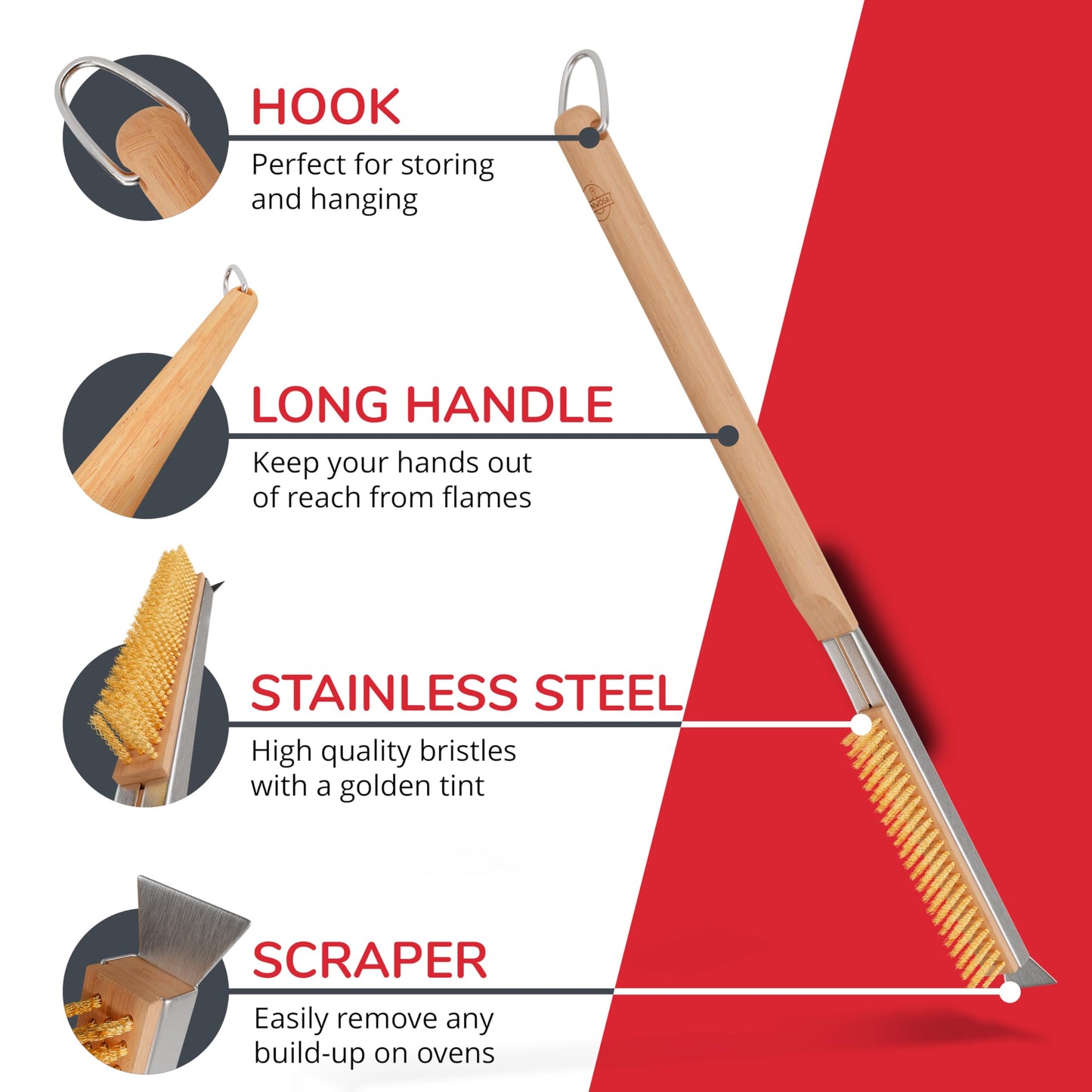 Senwosa 22” Pizza Oven Brush with Stone Scraper - Heat Resistant Stainless Steel Bristles, Long Handle - Compatible with Ooni, Gozney & Similar Ovens