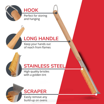 Senwosa 22” Pizza Oven Brush with Stone Scraper - Heat Resistant Stainless Steel Bristles, Long Handle - Compatible with Ooni, Gozney & Similar Ovens