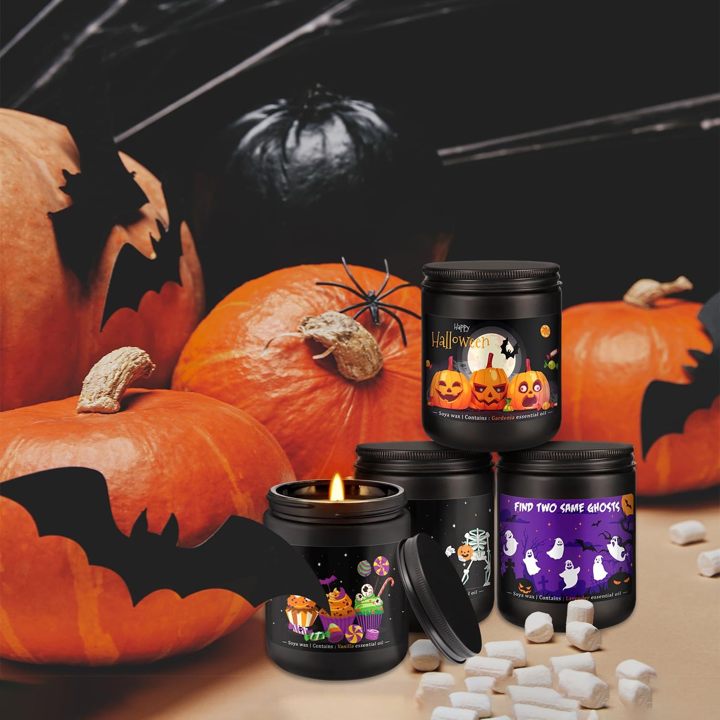 CLTNIKET Halloween Scented Candle Set, 4-Pack 7oz Soy Wax Candles with 4 Fragrances, Long-Lasting Burning for Halloween, Christmas, Home Decor, Rituals & Themed Parties.