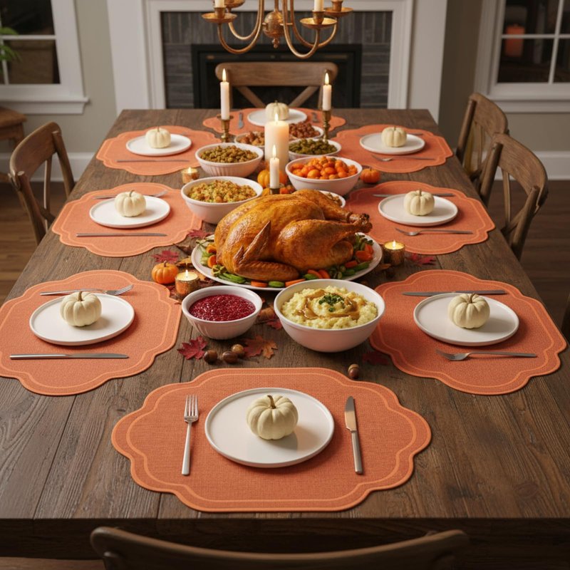 Breling 6 Pcs Orange Wedding Placemats Scalloped Embroidered Cotton Linen Placemats 17" x 13" Double Layered Machine Washable Table Place Mat for Party Table Decor (Cotton)