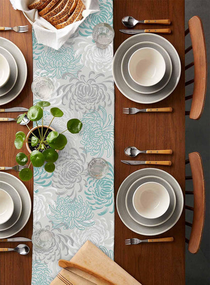 PIEPLE Aqua Chrysanthemum Flowers Table Runner-Cotton Linen-Long 13x108inches Dresser Scarves,Floral Grey Tablerunner for Kitchen Coffee/Dining/End Table Bedroom Living Room,Scarf Decor for Holiday