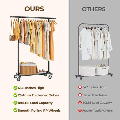 HYSEYY Clothes Rack, Clothing Rack for Hanging Clothes, Rolling Garment Rack Sturdy Coat Rack Portable Wardrobe Rack Metal Closet Rack for Bedroom Laundry Living Room, Black