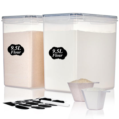 Vtopmart 9.5L 2 Pack Extra Large Flour Sugar Storage Containers for 25lbs flour, Airtight Kitchen Pantry Organization Canisters with Lids for Bulk food, Rice, Baking Supplies, BPA Free, Black