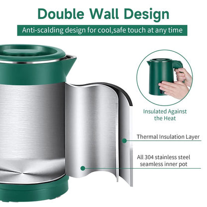 Small Electric Tea Kettle Stainless Steel, 0.8L Portable Mini Hot Water Boiler Heater, Travel Electric Coffee Kettle with Auto Shut-Off & Boil Dry Protection (Green)