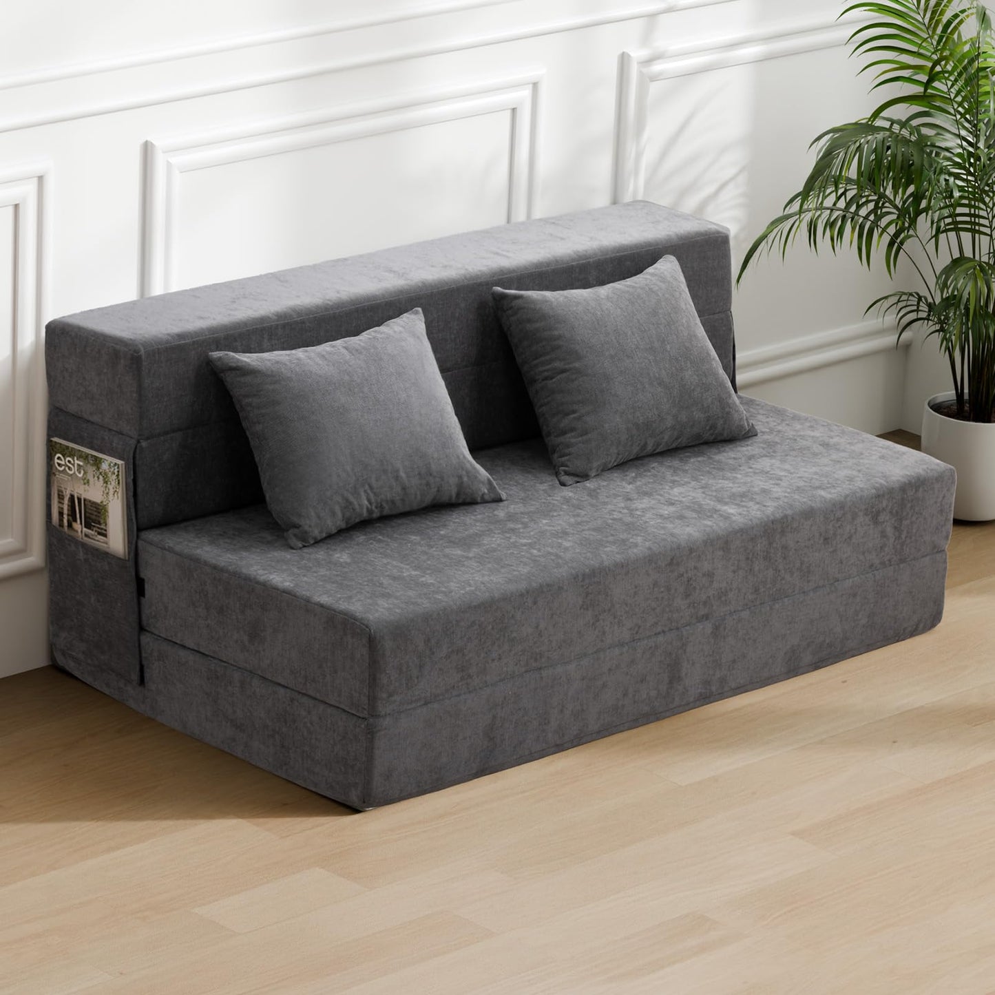 HOMFINE Folding Sofa Bed - Convertible Sleeper Chair with Pillow, Fold Out Couch, Memory Foam Floor Mattress, Futon Couch, Lazy Sofa for Living Room/Dorm/Guest Room/Home Office, Grey, Queen Size