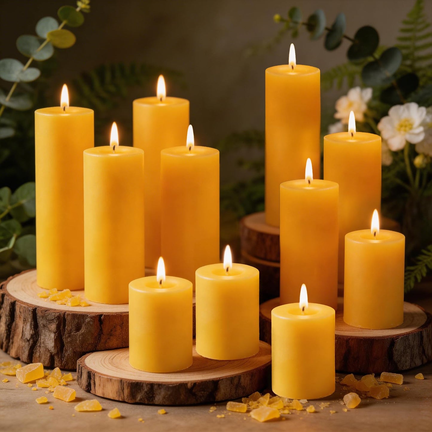 CHICERA 12 Pack Pure Beeswax Pillar Candles, 2x3/6/8 Inch, Natural Mild Honey Scent, Long Burning, Smokeless & Dripless for Home Decor & Prayer