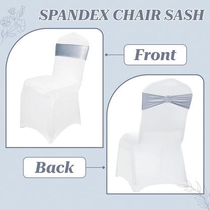 MDS Spandex Foil Chair Sashes - Universal Fit Elastic Stretch Bands with Buckle for Weddings | Metallic Silver - Pack of 10