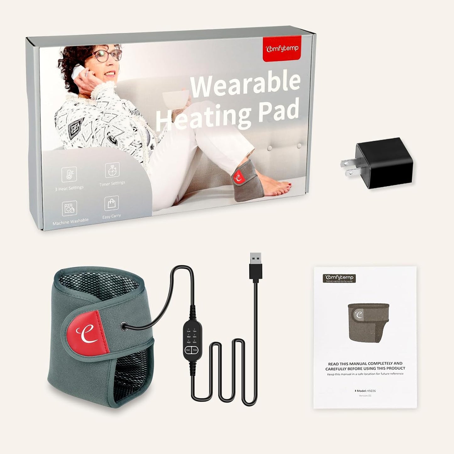 Comfytemp USB Wearable Heating Pad for Ankle and Feet With 3 Heat and Time Settings, Electric Heated Wrap for Achilles Tendonitis, Sprained Ankle, Heel Pain Relief, Plantar Fasciitis
