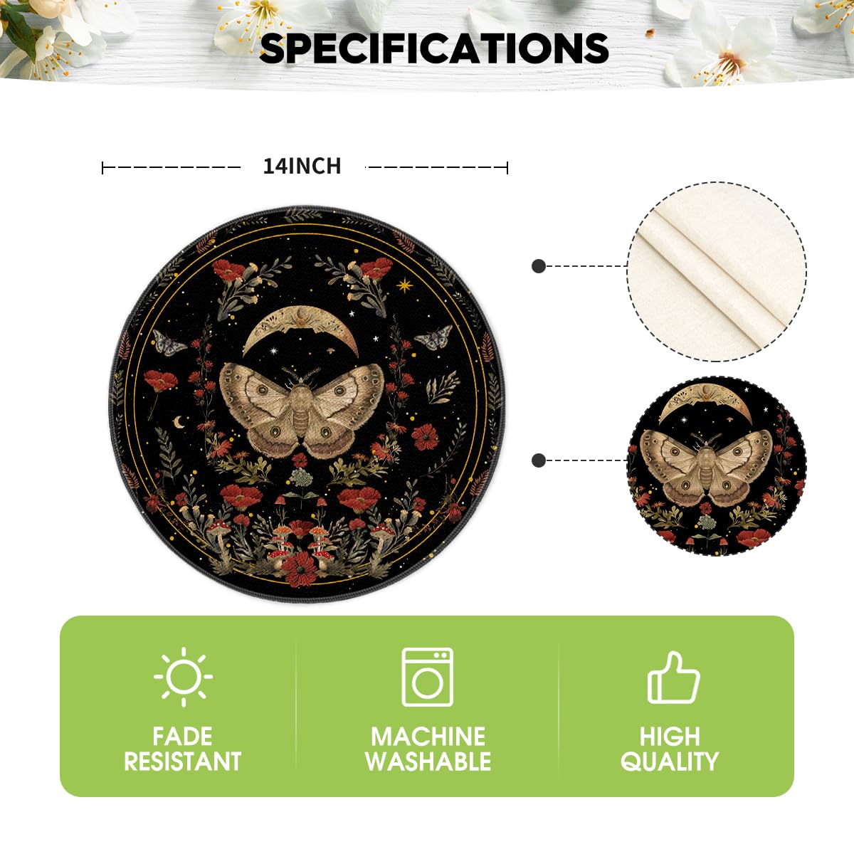 Artoid Mode Black Poppy Moth Moon Round Placemats Set of 4, 14 Inch Floral Spring Round Table Mats for Party Kitchen Dining Decoration