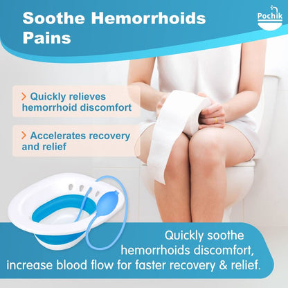 Pochik Sitz Bath for Toilet Seat Hemorrhoids and Postpartum Care, Yoni Steam Seat, Perineal Soaking, Collapsible, Flusher Hose, Drain Holes, Wider Seating Area - Blue