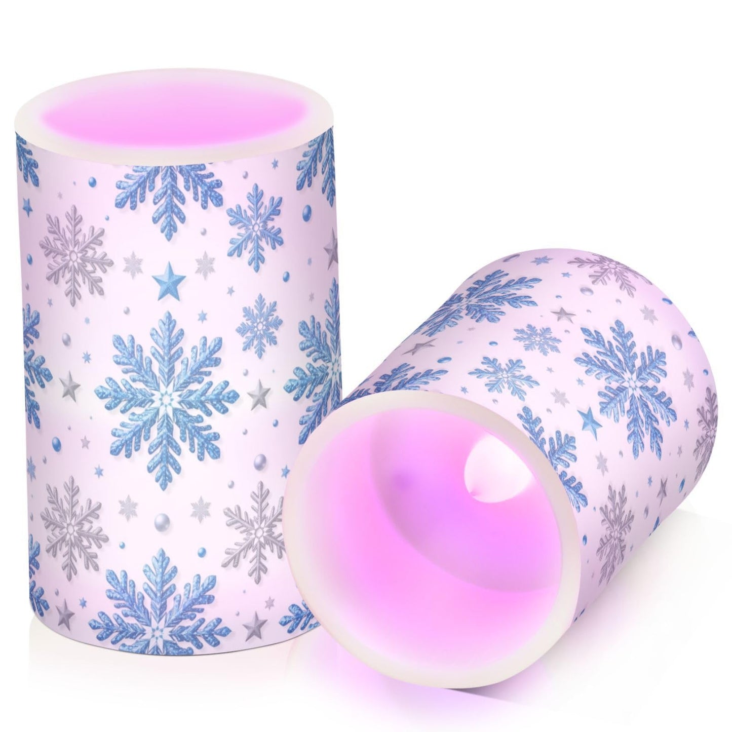 Pigsaly Flameless Candles Battery Operated Winter Stars Christmas Silver Blue Glittering Snowflakes Flickering Led Pillar Candles with Remote Control Colour Changing Warm Light Candles for Hallowee