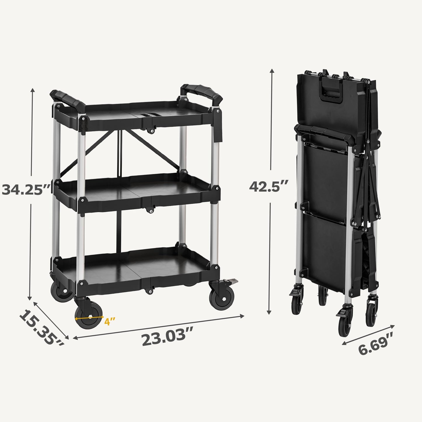 DWVO 3-Tier Folding Utility Cart, Foldable Service Cart Heavy Duty Collapsible Rolling Cart with 360° Swivel Wheels and Brake, 350LBS Load Capacity Portable Utility Cart for Kitchen, Warehouse, Garage