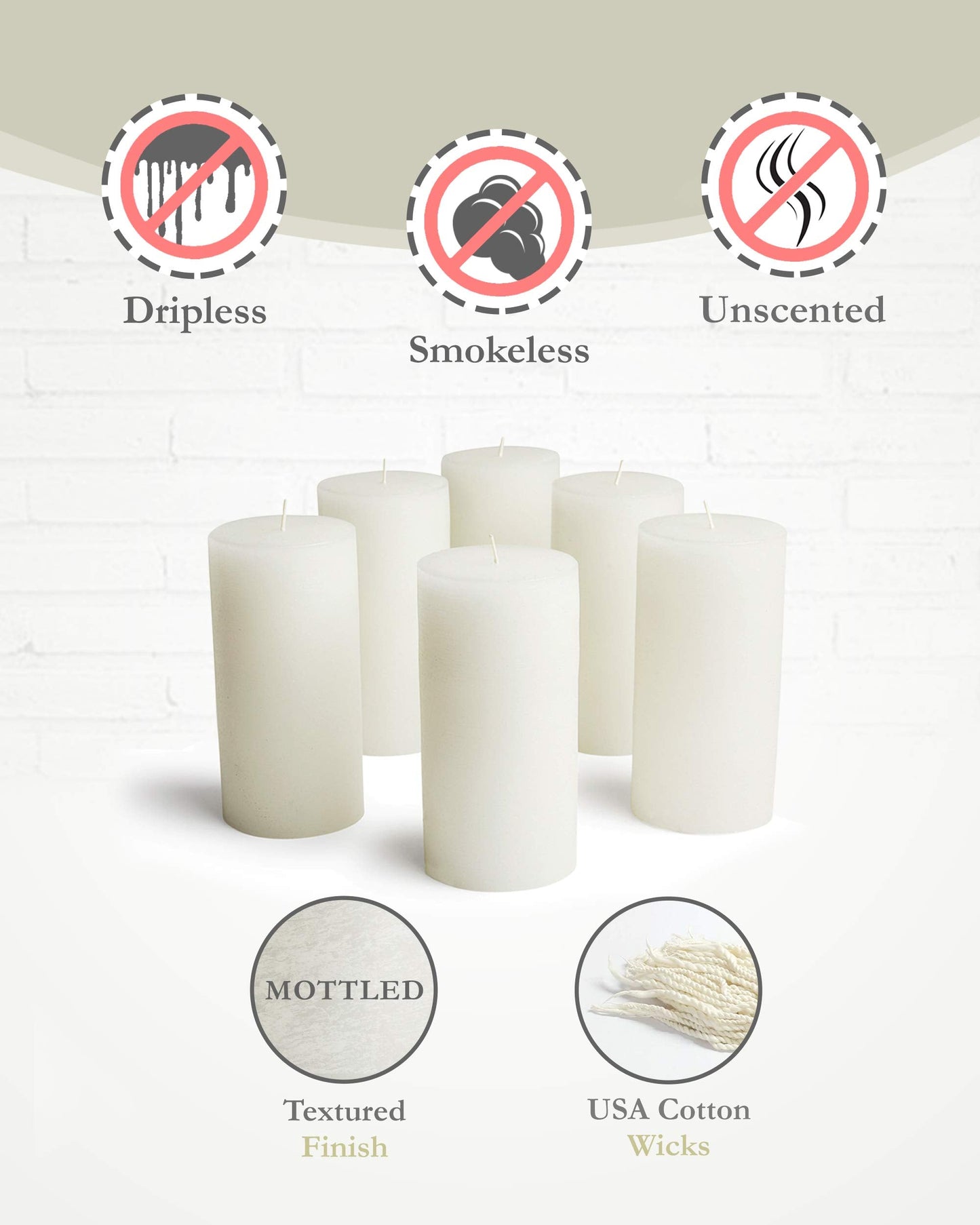 Mottled Pillar Candles by Bask - Set of 6-3" x 6" Dripless Unscented Candles in White for Home Decor, Relaxation & All Occasions
