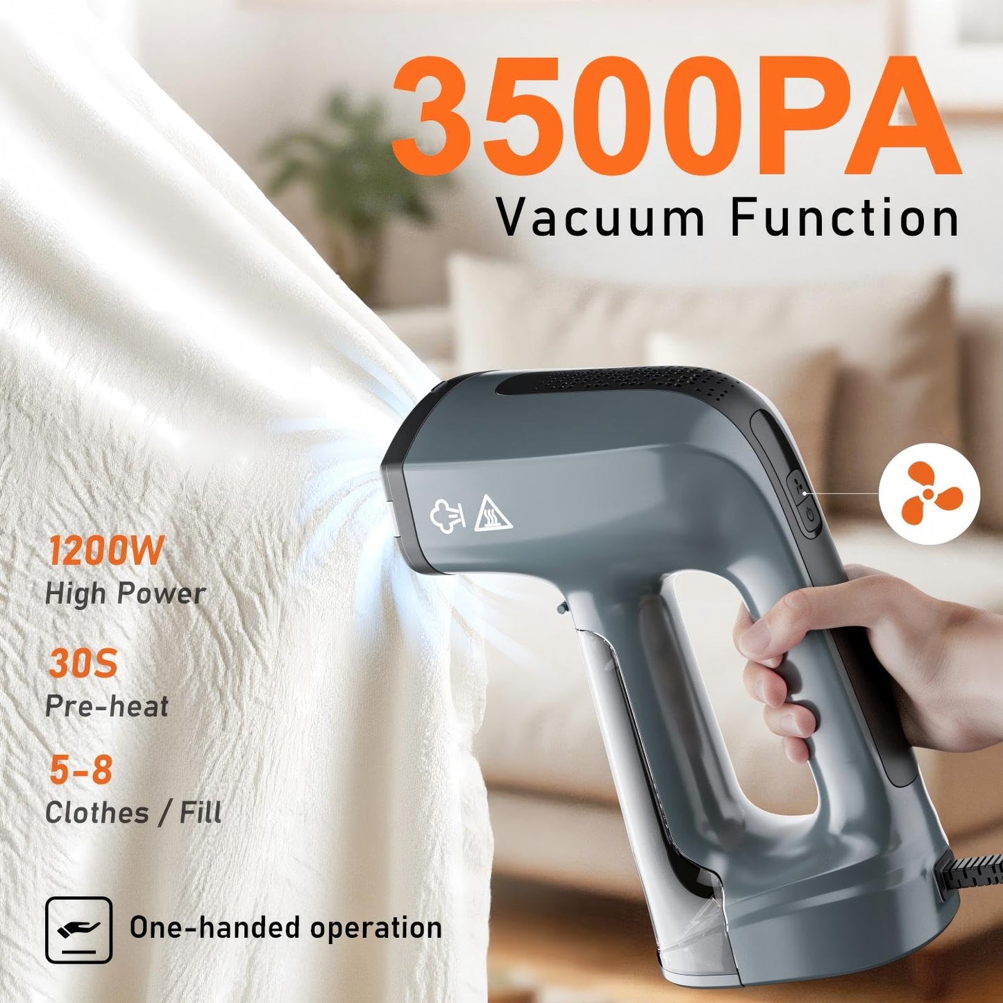 GHORA Vacuum Steamer for Clothes, 3500Pa Strong Suction Handheld Garment Steamer, Portable Travel Steamer & Iron Dual-Mode (110-120V)
