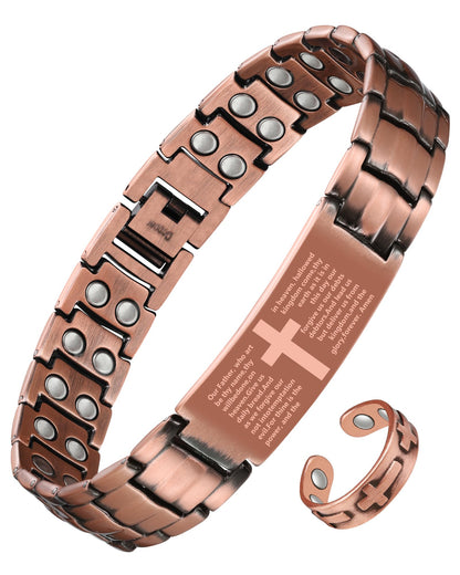 Jecanori Copper Cross Bracelet & Ring for Men, 2X Strength Magnetic Bracelets for Men, Adjustable Copper Jewelry with Sizing Tool