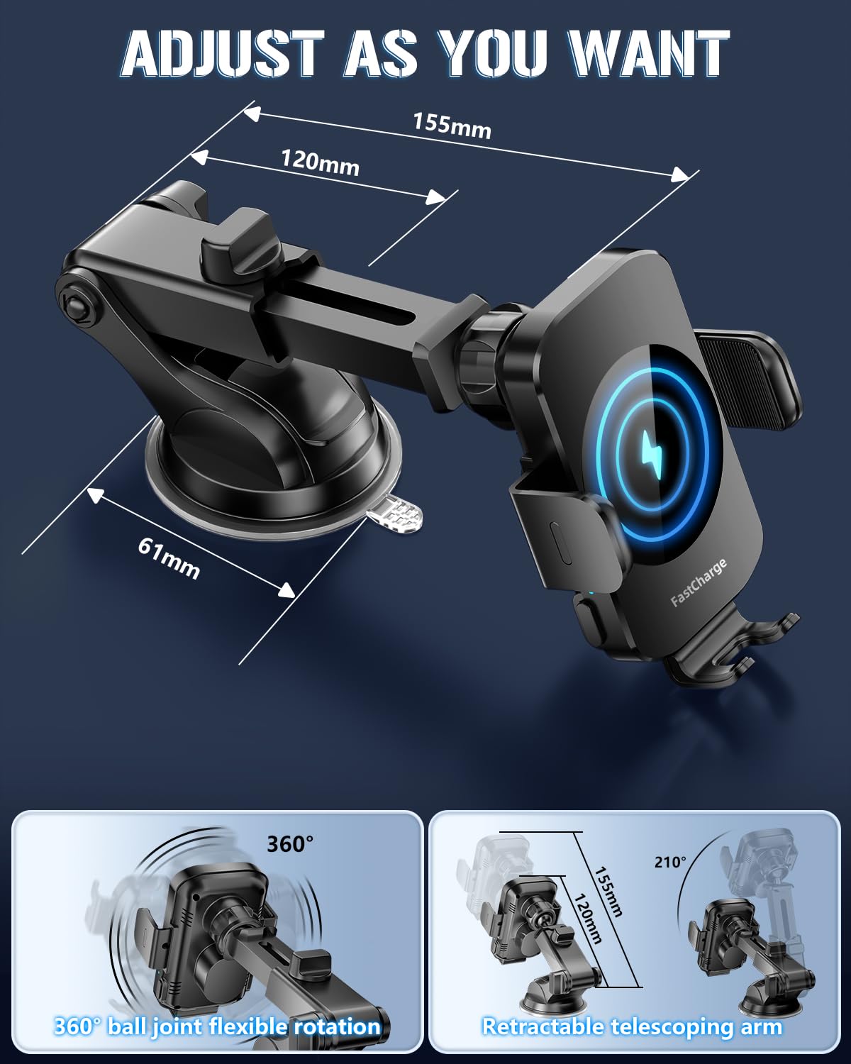 Wireless Car Charger, Fast Charging Phone Holder 3 in 1 Phone Mount Auto Clamping Car Accessories Compatible with iPhone 16 15 14 13 12 11 Xs XR, Samsung S23 Ultra S22 S21 S20/S10+ S9(Midnight Black)