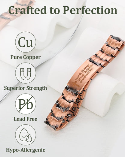 Fashtour Copper Cross Bracelet for Men - Ultra Strength Magnetic Mens Cross Jewelry Set - Adjustable Magnetic Bracelet with Sizing Tool Jewelry Box(Copper&Philip 4:13)