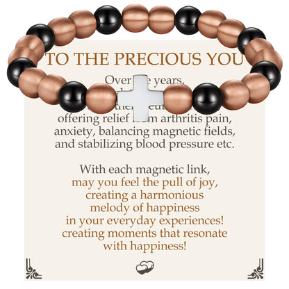 Feraco Pure Copper Magnetic Bead Bracelet for Men Women with Cross, 8mm 99.99% Solid Copper & 3500 Gauss Magnetic Hematite Beads, Unisex Stretch Wristband, Gift-Ready Jewelry (Silver)